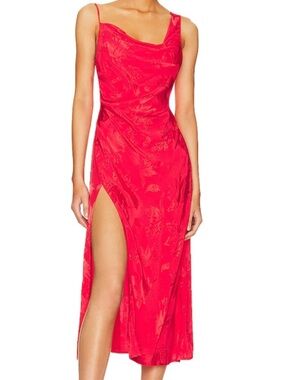 For Love & Lemons Ilana Jacquard Floral Satin Midi Slip Dress in Red, NWT Size L